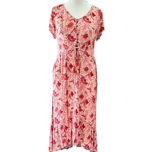 Knox Rose Hi-Low Boho Pink Floral Print Ruffle Sleeve Tasseled Dress Size XL
